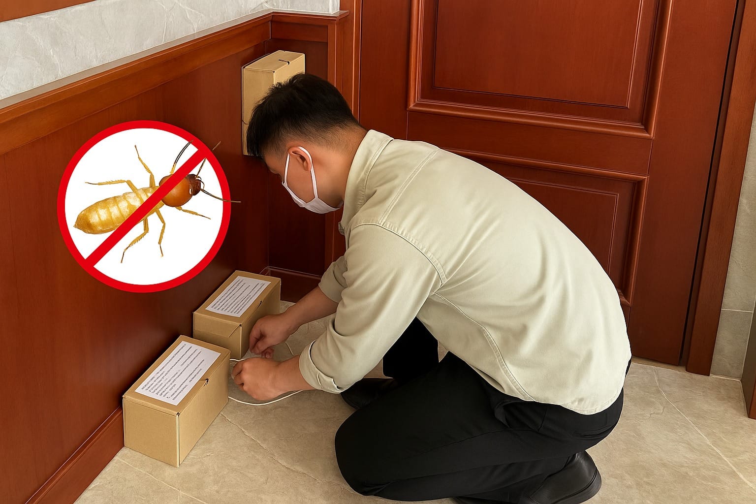 Nhân viên đang tiến hành đặt hộp nhử mối