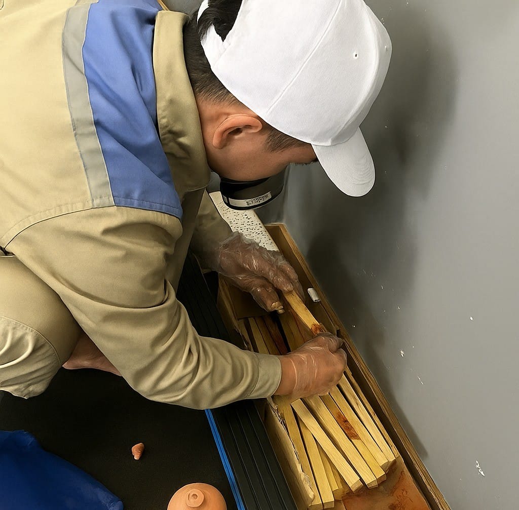 Nhân viên tiến hành đặt hộp nhử tại nơi mối hay xuất hiện