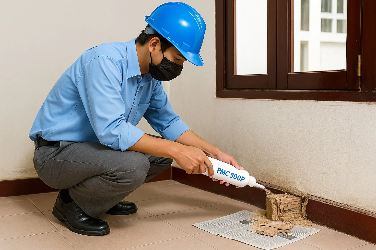 Phun bột PMC 90DP xử lý mối âm tường tại nhà ở Bình Phước