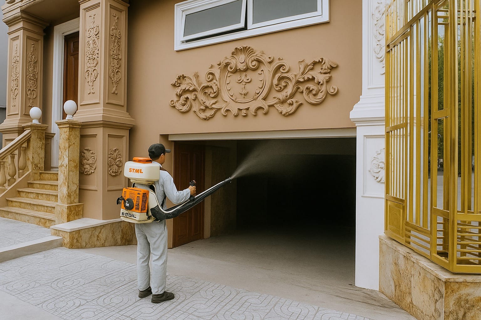 Kỹ thuật viên đang phun thuốc diệt côn trùng tại nhà ở Lào Cai bằng máy ULV chuyên dụng